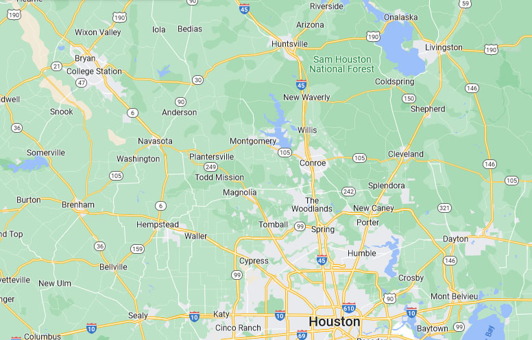 Service area - Northern vicinities of Houston, Texas - such as Woodlands, Conroe, Magnolia, Spring, Tomball, Cypress, Lake Conroe and others